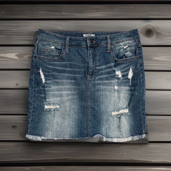 Mossimo Denim Skirt 10/30 (31x16.5) Blue Straight Distressed Super Stretch Women - Picture 1 of 8